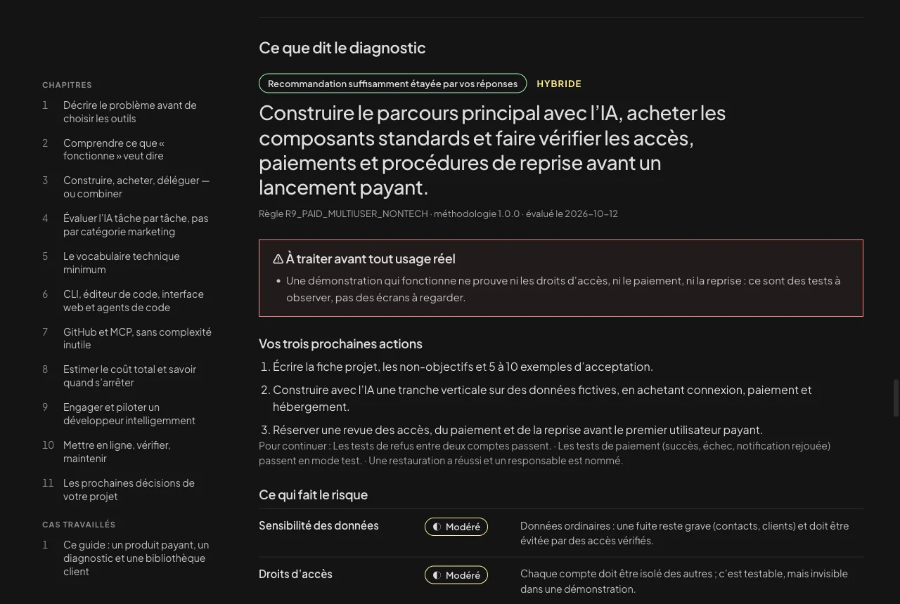 Fiche projet enregistrée avec la recommandation du diagnostic et les trois prochaines actions
