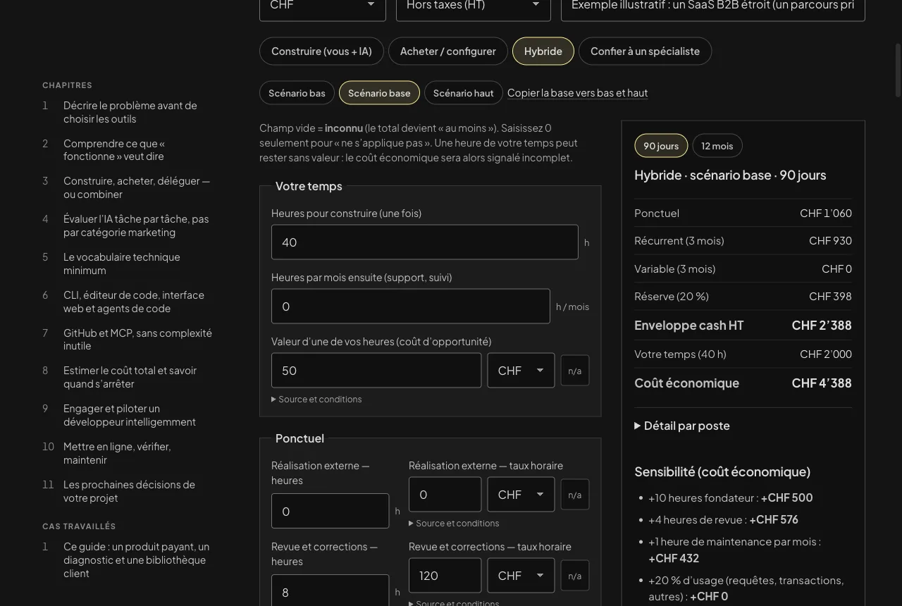 Modèle de coûts : saisie par approche et scénario, enveloppe cash et coût économique