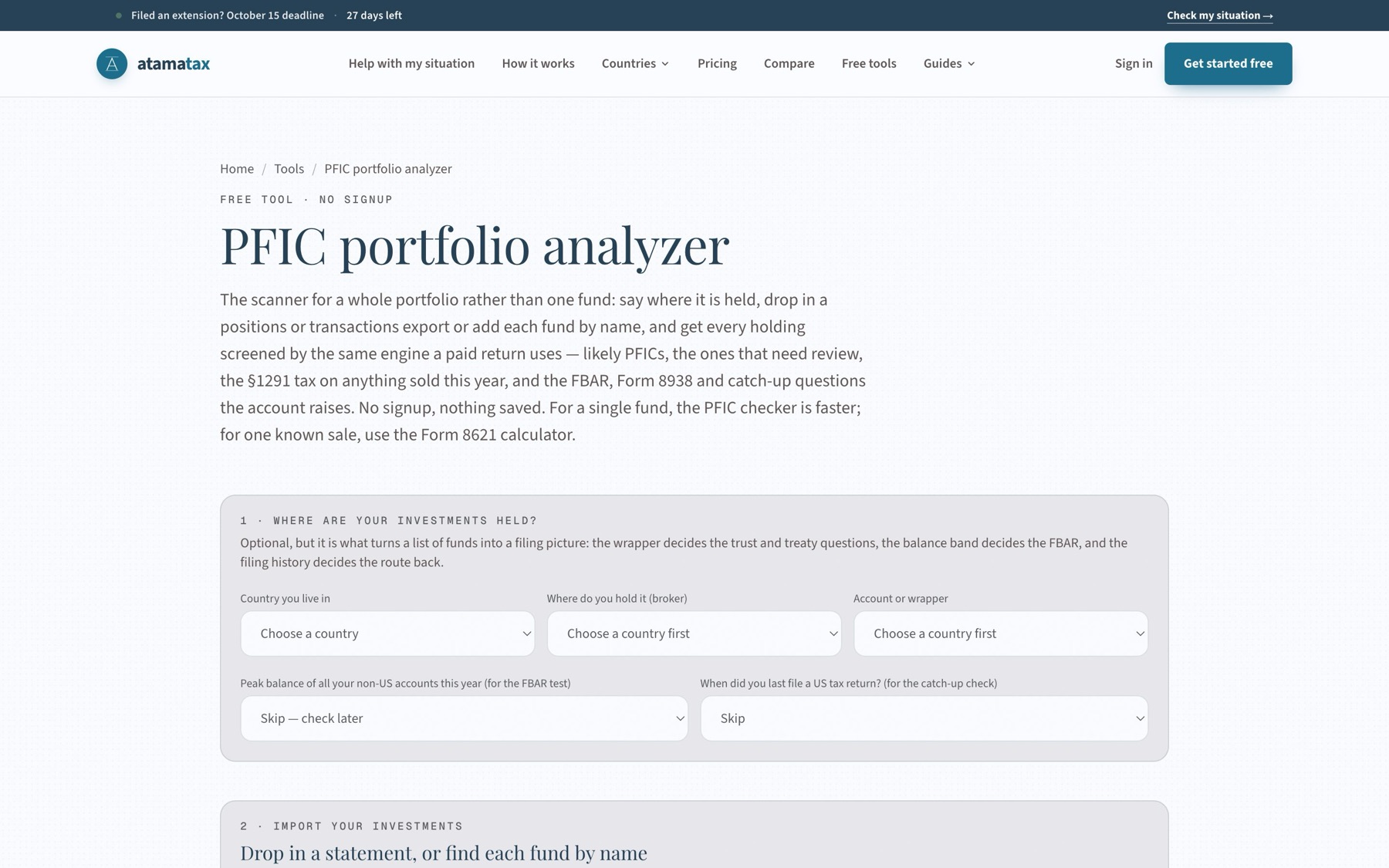 Atamatax PFIC portfolio analyzer — country, broker, account wrapper and balance band inputs