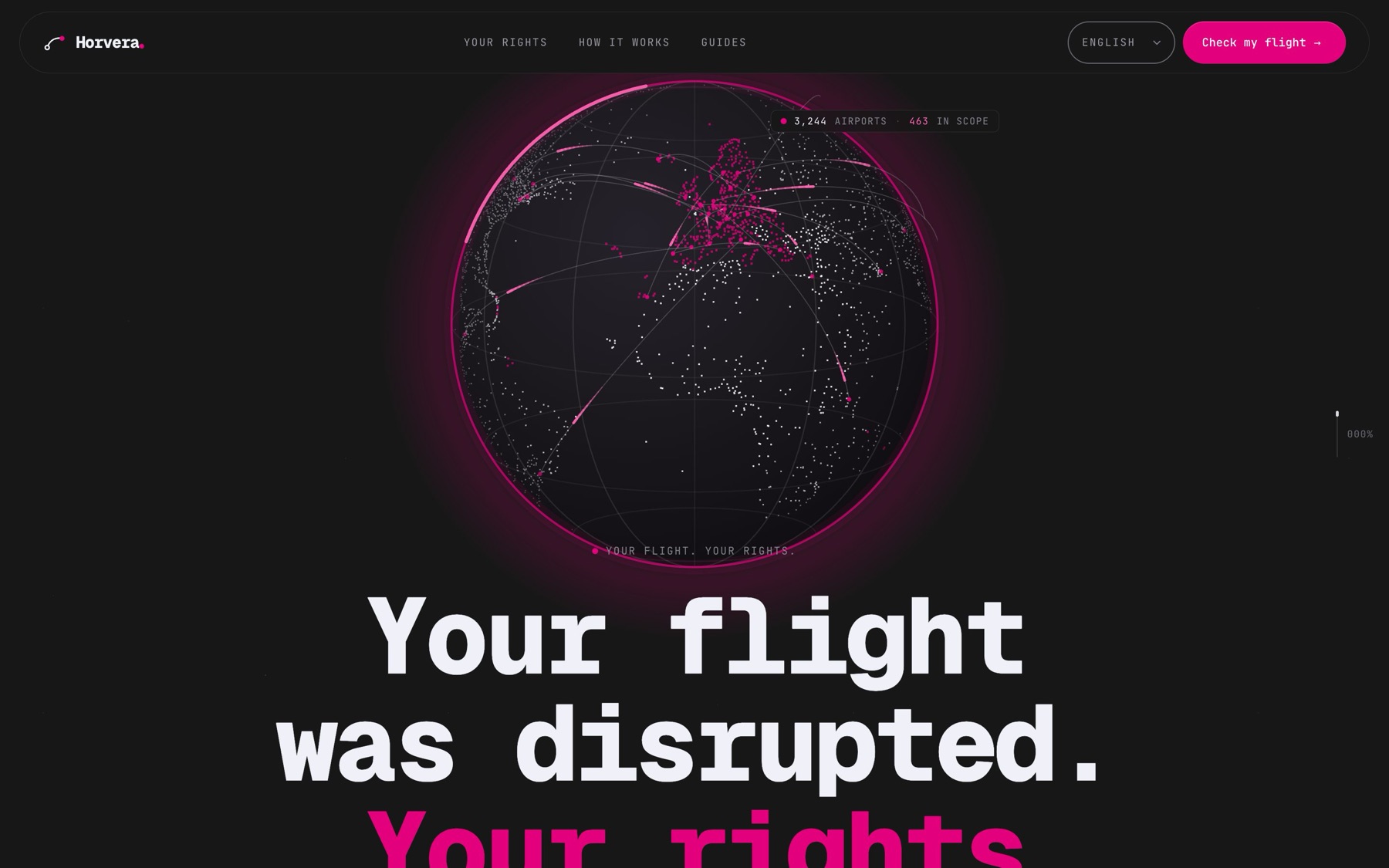 Horvera homepage — a globe of airports in scope and the headline “Your flight was disrupted. Your rights shouldn’t be.”