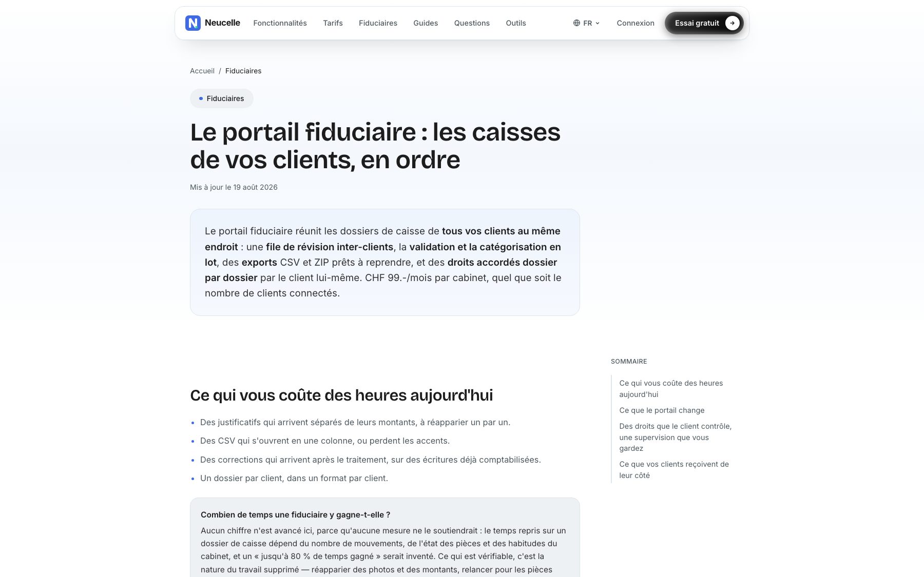 Neucelle fiduciary portal page — cross-client review queue, batch validation, exports and per-file rights