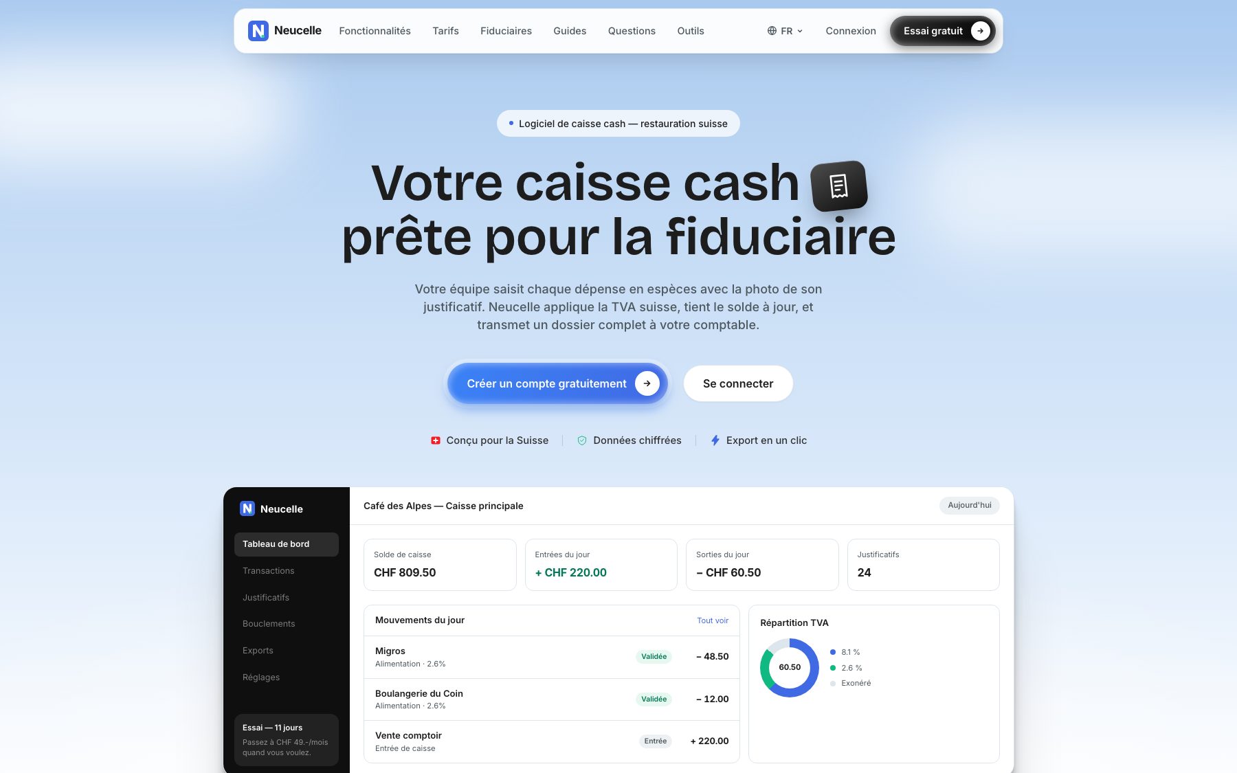 Neucelle homepage — a restaurant cash till showing the current balance, the day’s movements and the VAT split